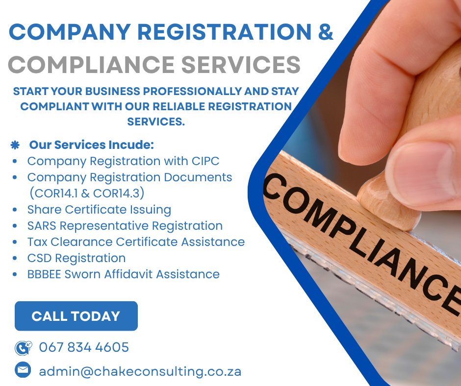 ChakeConsultin's tweet photo. Need to register a company or be compliant?

Contact us today we will gladly assist
067 834 4605/011 318 8029
admin@chakeconsulting.co.za

#ComplianceMatters #companyregistrationservice #TaxSeason2026 #SARS #CIPC https://t.co/Um9Vvd7CVP