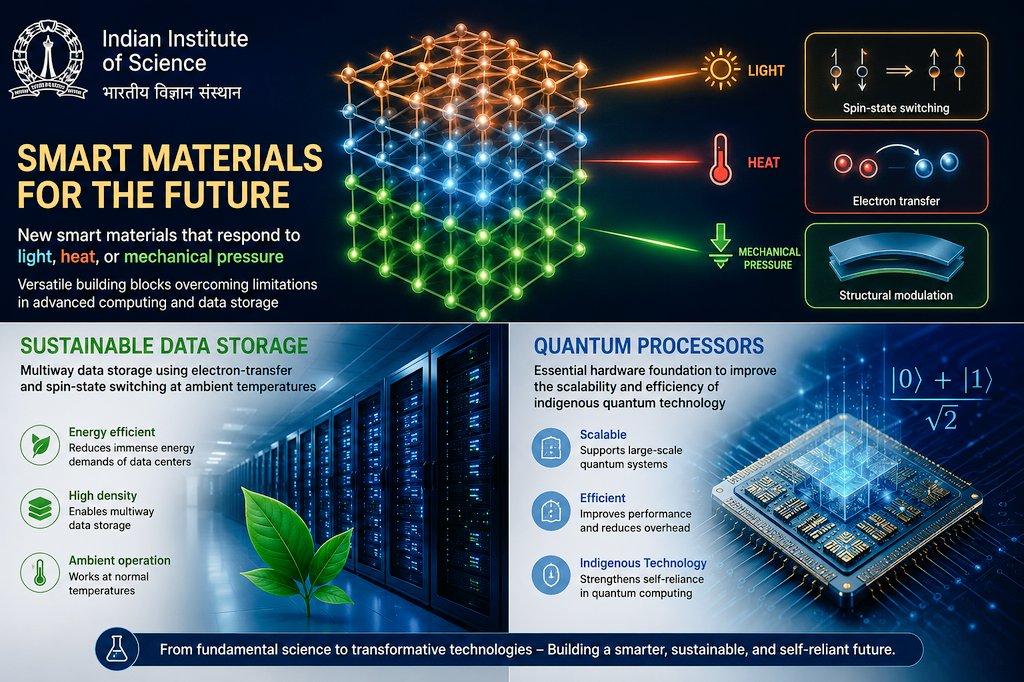 Zest328117's tweet photo. Huge 🚨Researchers at the Indian Institute of Science (#IISc) have developed new smart materials that alter their physical properties in response to light, heat, or mechanical pressure. These materials serve as versatile building blocks designed to overcome previous limitations in advanced computing and data storage.
🔹 Sustainable Data Storage: The materials use electron-transfer and spin-state switching to achieve multiway data storage at ambient temperatures, reducing the immense energy demands of modern data center.
🔹 Quantum Processors: They act as essential hardware foundations to improve the scalability and efficiency of indigenous #quantum technology
#IISC #QUANTUM-TECH
#DATASTORAGE