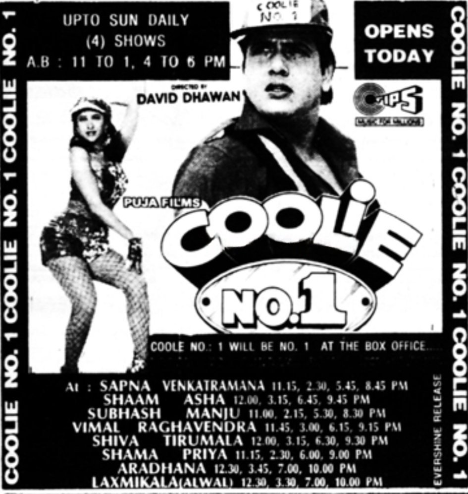 MoviesUpdatez's tweet photo. #31YearsOfCoolieNo1 

Hyderabad, Sapna35 77 Days Run.

Replaced with #Jallad

#Govinda #KarishmaKapoor 

A Film by David Dhawan #CoolieNo1 https://t.co/OjB64vWooM