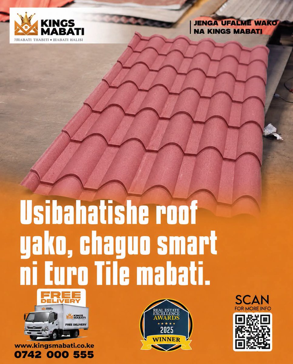 KingsMabati's tweet photo. Elevate your home with the timeless beauty of Kings Mabati Euro Tile! Designed to combine elegance, strength, and long-lasting protection, it's the perfect roofing solution for homeowners who refuse to compromise on quality. Build smart.#México #salı #eurotile https://t.co/tQhQZgUcrM