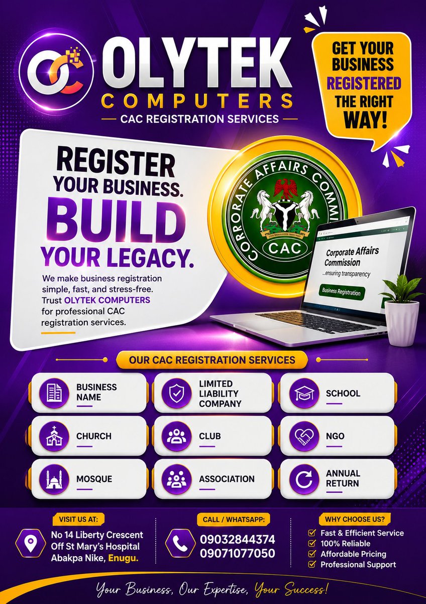 Olytekcomputers's tweet photo. CAC REGISTRATIONS SERVICES AVAILABLE 24/7💯💯✅✅

If you have a business name and you are yet to register it with CAC in Nigeria then you are risking loosing that business name because having a brand name without legal registration is as good as having no business name https://t.co/Jwx7jl4X1h
