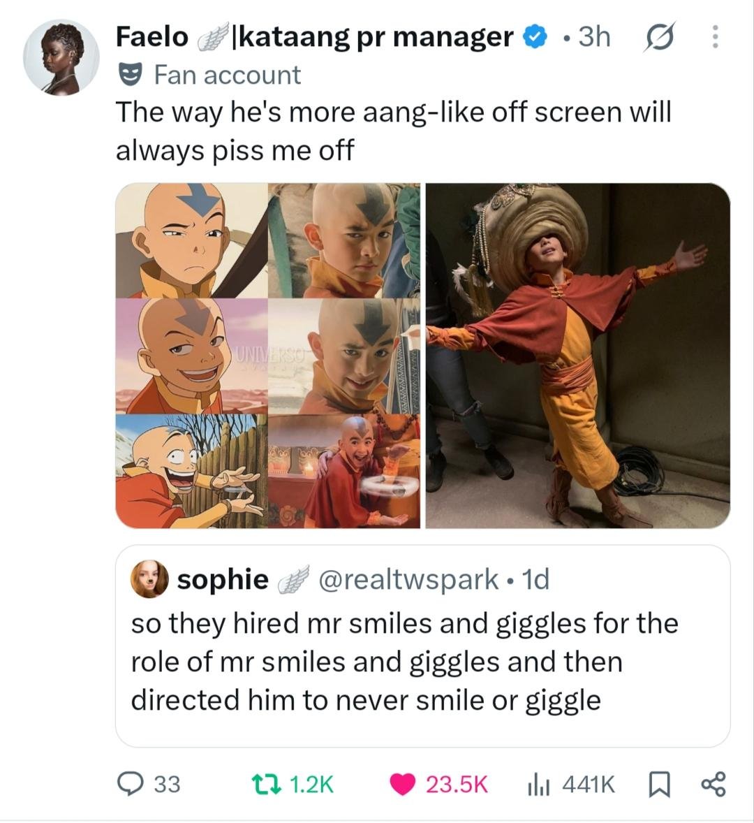 KorotoMS's tweet photo. Yoinked from a reddit repost (of a twitter repost lol), but this is the truest true of all trues.

OPLA cast's off-screen dynamic is leveraged to the FULLEST on-screen too, whereas with the Avatar writing team, it seems like they are taking themselves a tad too seriously 🤷 https://t.co/lNsIFmhwqm