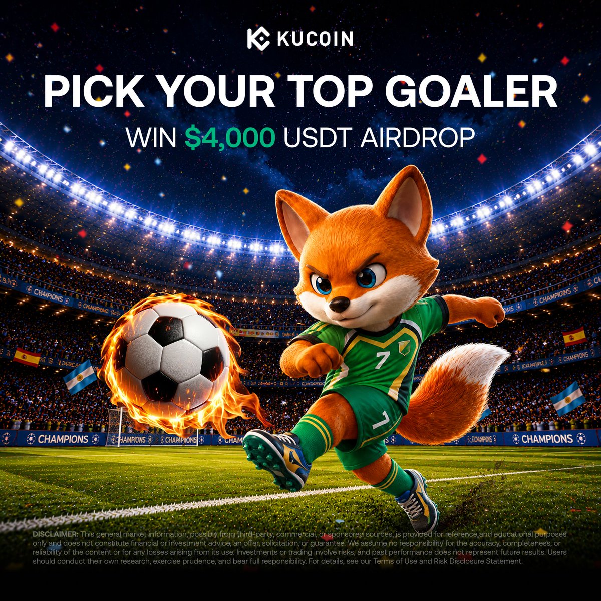 kucoincom's tweet photo. Can you spot the ultimate TOP GOALER? 🏆⚽

Join the KuCoin Crypto Cup! We have a massive $4,000 USDT airdrop waiting for the master tacticians who can accurately predict the top goal scorers of the tournament.

👇 How to enter:
1️⃣ Follow @kucoincom
2️⃣ Share your Top Goaler picks & support them in the comments
3⃣ Fill in the Gleam form: https://t.co/EtREjt21Nw

#KuCoinCryptoCup #WorldCup