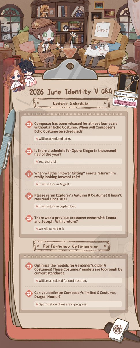 GameIdentityV's tweet photo. Dear Visitors,
Here are our answers from Dev's Q&A 56! The collection for the next round of Q&A will end on July 2. Please, submit your questions via the link below (please avoid spamming, sending multiple identical messages):
https://t.co/v6xoMo4ZKJ
*Leave your comment, and we will pick 5 visitors for the test server code.
#IdentityV