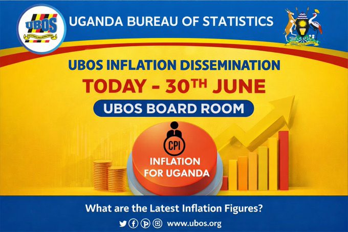 Urban_Ug1's tweet photo. #InflationinUganda
Are you curious about the current state of inflation?
@StatisticsUg will announce the results of the Consumer Price Index (CPI) for the year and month ending June 2026, follow us on social media.
Time: 11:00 AM EAT
Location: UBOS Board Room #UBOSUpdates #InflationJune2026