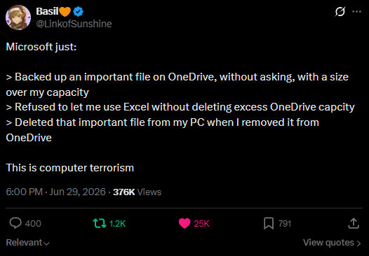 Cperka's tweet photo. Replies are full of halfwits that do not understand that Microsoft does not ask for consent before stripmining your hard disks makes me weep for humanity https://t.co/lmWbT7jIyd