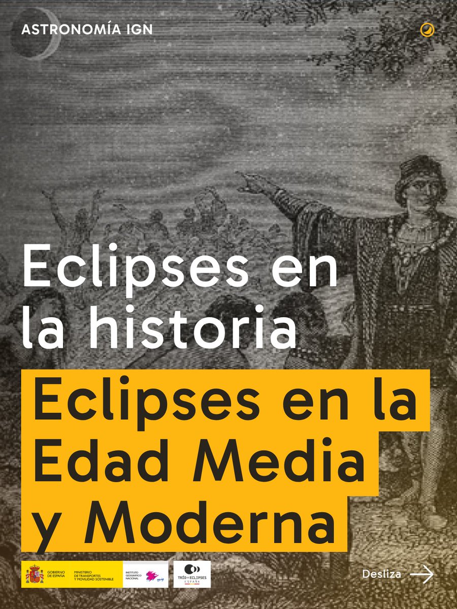 IGNSpain's tweet photo. 🌒📜 Eclipses: del presagio a la ciencia

Durante siglos, los eclipses fueron interpretados como señales del destino. En la Edad Media, se asociaban a augurios sobre reyes y acontecimientos históricos. ⚔️

Sigue el hilo para saber más 🧵

#IGNSpain #CNIG #Astronomía  #Cosmos #Universo #HistoriaDeLaCiencia #FenómenosAstronómicos