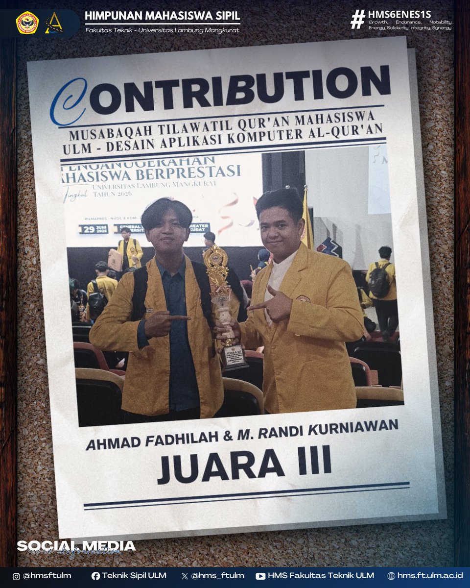 hms_ftulm's tweet photo. [CONTRIBUTION]

Selamat kepada Ahmad Fadhilah (Teknik Sipil’24) dan Muhammad Randi Kurniawan (Teknik Sipil’24) telah berhasil meraih Juara 3 Kategori Desain Aplikasi Komputer Al-Qur’an pada kegiatan MTQM ULM 2026. https://t.co/8XSgdvJpnv