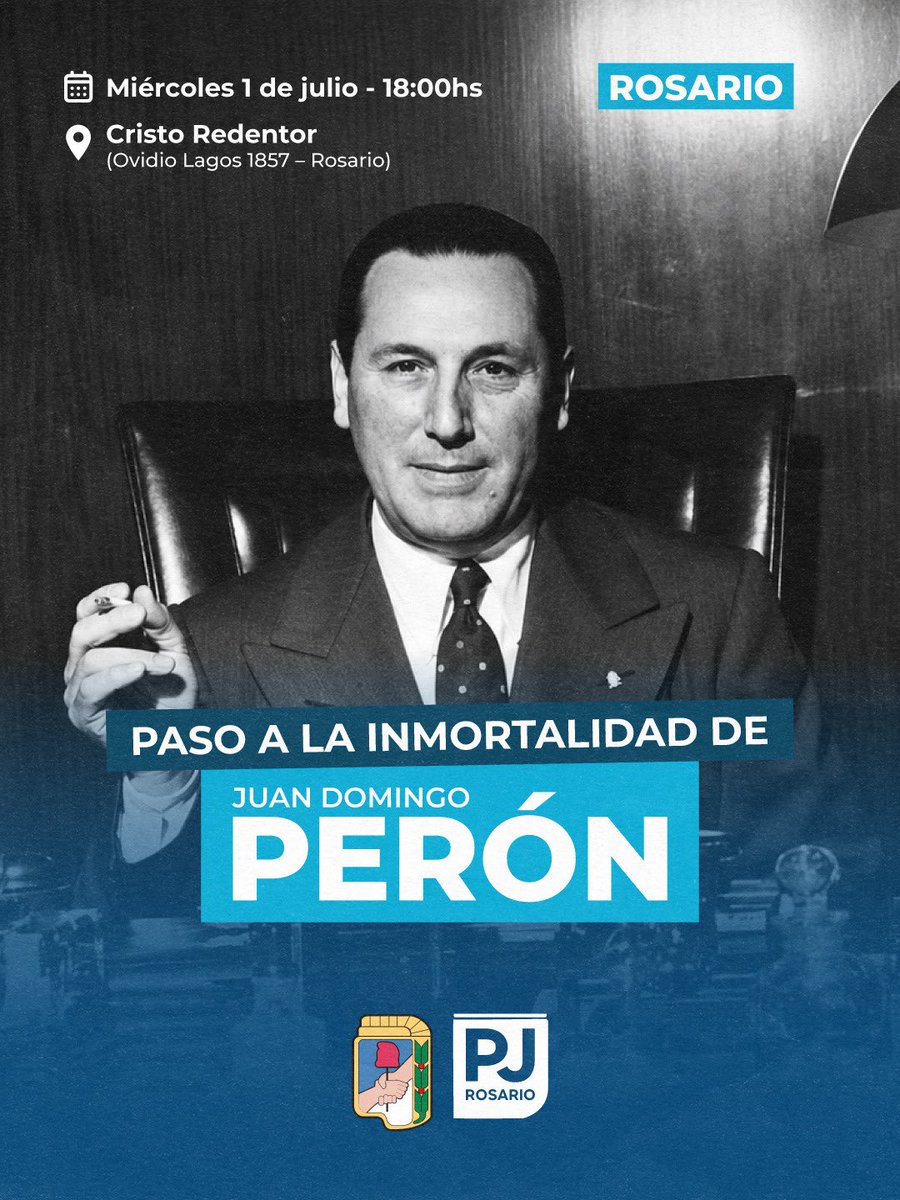 peronismostafe's tweet photo. En un nuevo aniversario del paso a la inmortalidad del General Juan Domingo Perón, las y los peronistas de Rosario nos reuniremos en el Cristo como lo hacemos cada año para homenajearlo.

Viva Perón! ✌️

🗓️ Miércoles 1 de julio
🕕 18 hs
📍 Cristo Redentor - Ov. Lagos 1857 https://t.co/tf4j8KRwY3