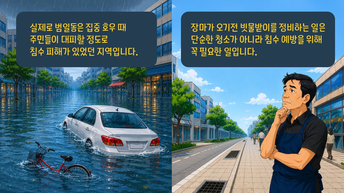 scjchurch's tweet photo. 💛 부산 범일동 일대 빗물받이 정비 이야기

부산 범일동은 과거 집중호우 시 침수 피해로 
주민들이 대피했던 경험이 있는 지역입니다.

겉으로는 깨끗해 보이는 거리도 
빗물받이 안을 들여다보면 담배꽁초, 낙엽, 
생활쓰레기, 토사 등이 쌓여 있는 경우가 많습니다.

신천지자원봉사단은 장마철을 앞두고 
범일동 일대 빗물받이 정비와 
거리 환경정화 활동을 진행했습니다. 🧹✨

작은 쓰레기 하나를 치우는 일이지만, 
원활한 배수를 돕고 침수 위험을 줄이는 데 
의미 있는 역할이 될 수 있습니다.💛

앞으로도 신천지자원봉사단은
보이지 않는 곳까지 살피며
지역사회의 안전한 일상을 위해 함께하겠습니다.🤝

#신천지자원봉사단 
#부산범일동 
#빗물받이정비 
#침수예방 
#거리정화활동
