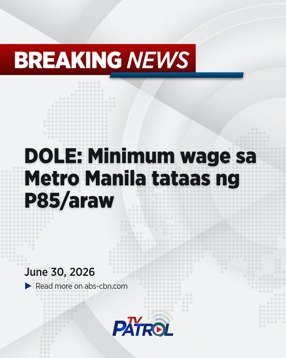 TVPatrol's tweet photo. BREAKING: Inanunsyo ni DOLE Secretary Francis Tolentino ang dagdag P85 sa arawang minimum wage ng mga manggagawa sa Metro Manila.

Aniya, nasa 1.1 milyong minimum wage earners ang inaasahang makikinabang sa "makasaysayang" wage increase na ito. | via @JervisManahan https://t.co/VusclOORHK
