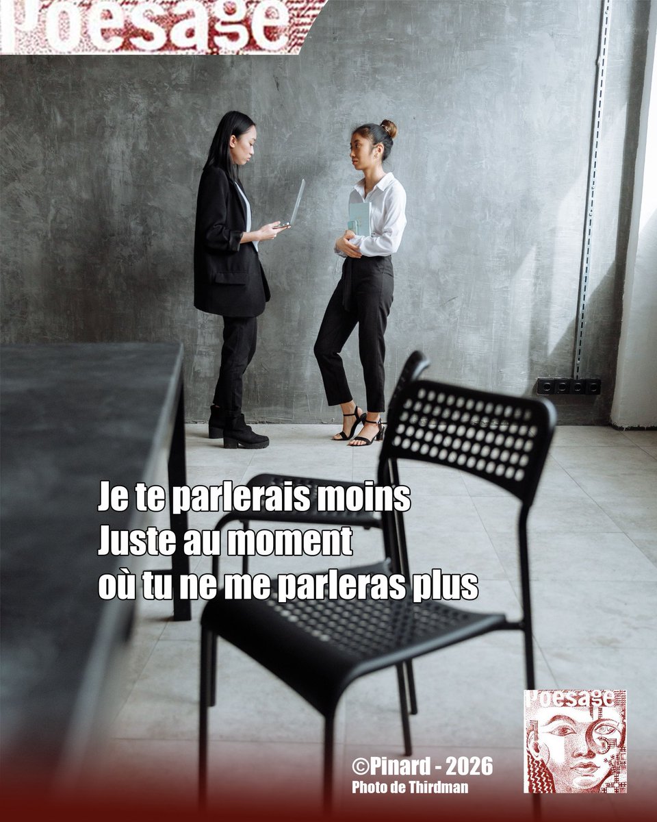 poesage_27's tweet photo. Je te parlerais moins
Juste au moment
où tu ne me parleras plus
©Pinard - 2026
Photo de Thirdman
#echanger #aimer #parler #dialogue #dialoguer #ecouter #temps #parole
#poet #poeme #poem #poesie #poetry #poesieengagee #ecriture #writing #poesiefrancaise https://t.co/JrVl0637LQ