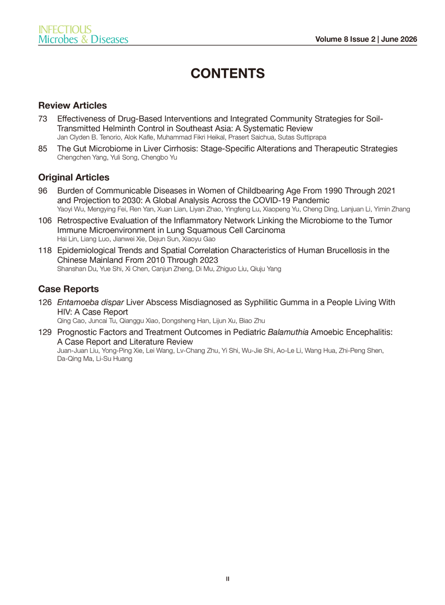 Journal_IMD's tweet photo. The latest Infectious Microbes &amp; Diseases - Vol. 8, No. 2, March 2026 is online.
https://t.co/1SZ0CeN2rZ https://t.co/Sno8om9xOF