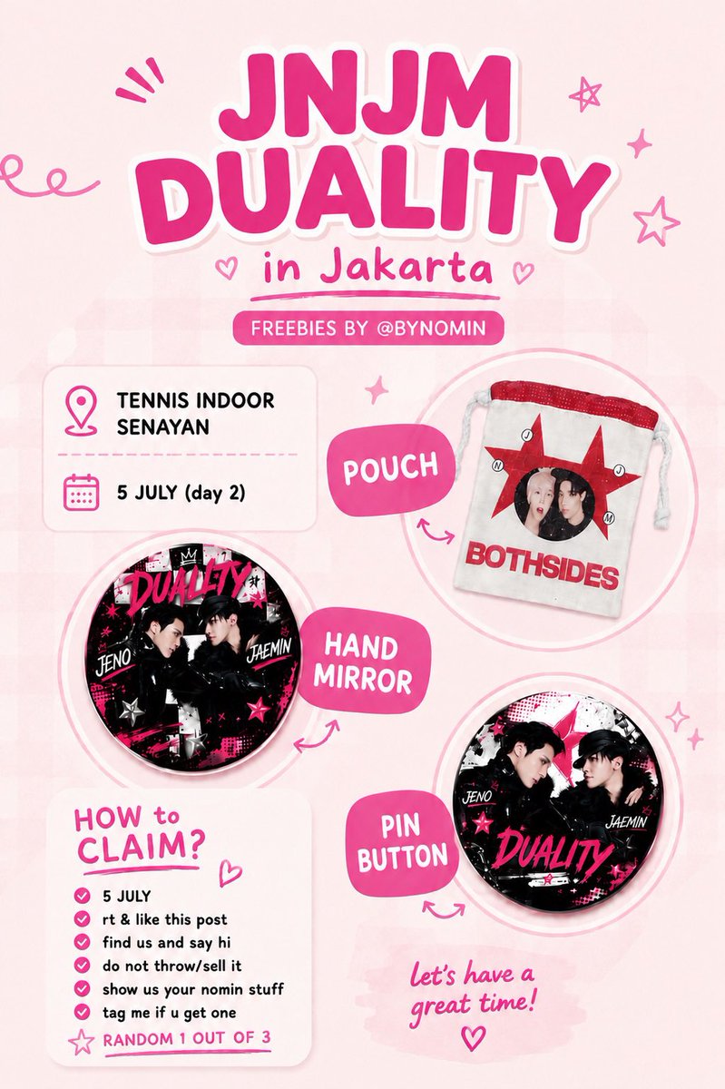 bynomin's tweet photo. [rt &amp; like are appreciated]

✮DUALITY : NCT JNJM FANMEETING IN JAKARTA✮
─ Freebies by @bynomin 

🗓️  : 05 Jul 2026 (Day 2)
📍  :  Tennis indoor
⏰  : TBA
‼️  : Limited qty for nominist only

kindly tag me if you get the freebies 🩷

 #NCTJNJM_DUALITY_JAKARTA https://t.co/P1C69TmZQw