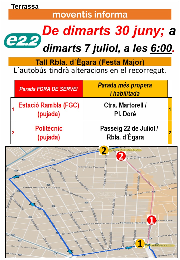 MoventisInfo's tweet photo. 🛑TERRASSA
📆 Avui, de dimarts 30 de juny; a dimarts 7 de juliol, a 6:00h
🚍 #e2_1 #e2_2 #C2 #C5 de #Moventis_SARBUS
🚧 Rambla d´Ègara (Festa Major)
📣🚏anul.lades, 👉més properes i habilitades

⚠️Preveieu desplaçaments amb antelació https://t.co/70HVYR6SBq