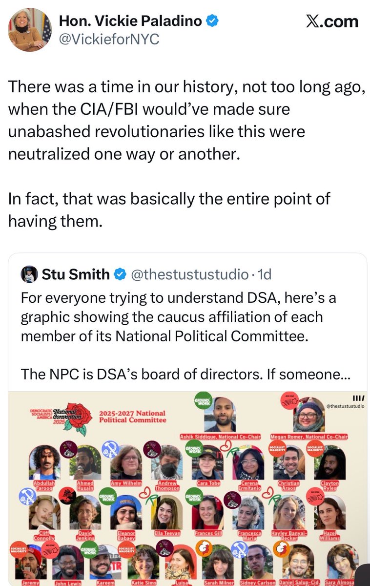 DropSiteNews's tweet photo. ⭕️ New York City Council Member Vickie Paladino suggested the CIA and FBI once would have “neutralized one way or another” “unabashed revolutionaries” while sharing a post identifying members of the Democratic Socialists of America’s leadership.

Congressional candidate Darializa Avila Chevalier called the remarks a “thinly veiled call” for the federal government to kill DSA members and demanded Paladino be expelled from the City Council.