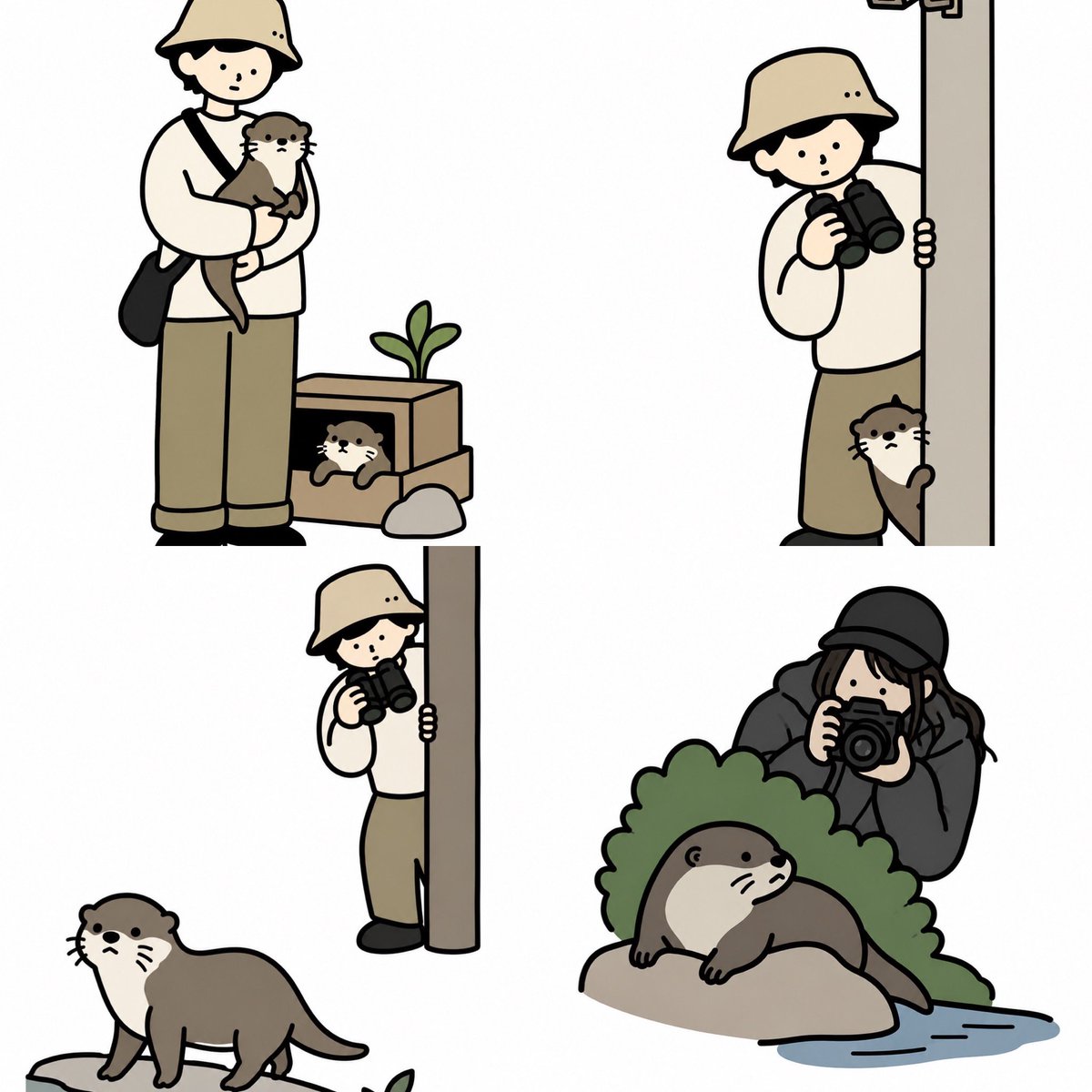 uso_otter's tweet photo. ちょっと前に流行ったやつ

①②
③④
の順に作ってもらったんだけど
①抱っこはちょっと...ストーカーにしてっていったら
②カワウソとストーカーになり
③カワウソをストーカーだよって言ったらこれ
④③をカメラにしてって言ったら全身真っ黒になったのは
AIの動物園カメラマンの解像度の高さか😅 https://t.co/CTUTU7bLCF