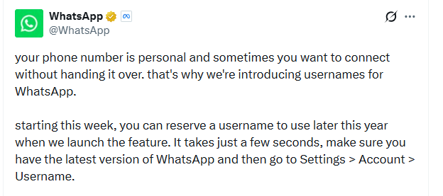 PTI_News's tweet photo. WhatsApp (@WhatsApp) posts, "your phone number is personal and sometimes you want to connect without handing it over. that's why we're introducing usernames for WhatsApp.  starting this week, you can reserve a username to use later this year when we launch the feature. It takes just a few seconds, make sure you have the latest version of WhatsApp and then go to Settings > Account > Username."