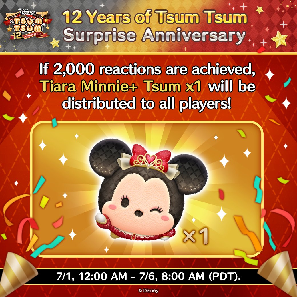 LINE_tsumtsum_g's tweet photo. ⭐️ #TsumTsum12thAnniversary Event Round 1 ⭐️

Like/Repost this post! 🎉

If we get 2,000 reactions on eligible posts on X, Facebook, and LINE VOOM, everyone gets a Tiara Minnie+ Tsum! 🎁✨

Work together to get that special Tsum!

#TsumTsum https://t.co/1PP1eirHFO
