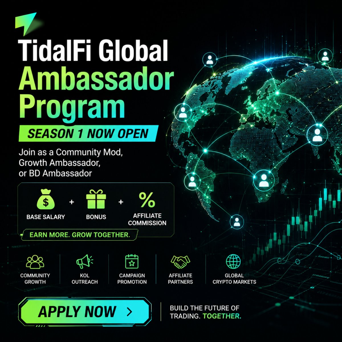 TidalFiOfficial's tweet photo. TidalFi Global Ambassador Program Season 1 is now open.

We are looking for community mods, growth ambassadors, and BD ambassadors from global crypto and trading markets.
If you have local crypto communities, trader networks, KOL resources, or experience in Web3 community growth, we would like to hear from you.

What you may help with:
• Community management
• Campaign promotion
• KOL and community outreach
• Giveaway / AMA / Space cooperation
• Affiliate growth
• Local market expansion

Selected ambassadors may receive long-term cooperation opportunities, performance rewards, affiliate commissions, and official marketing support from TidalFi.

Apply here: https://t.co/uNIODBC1od
