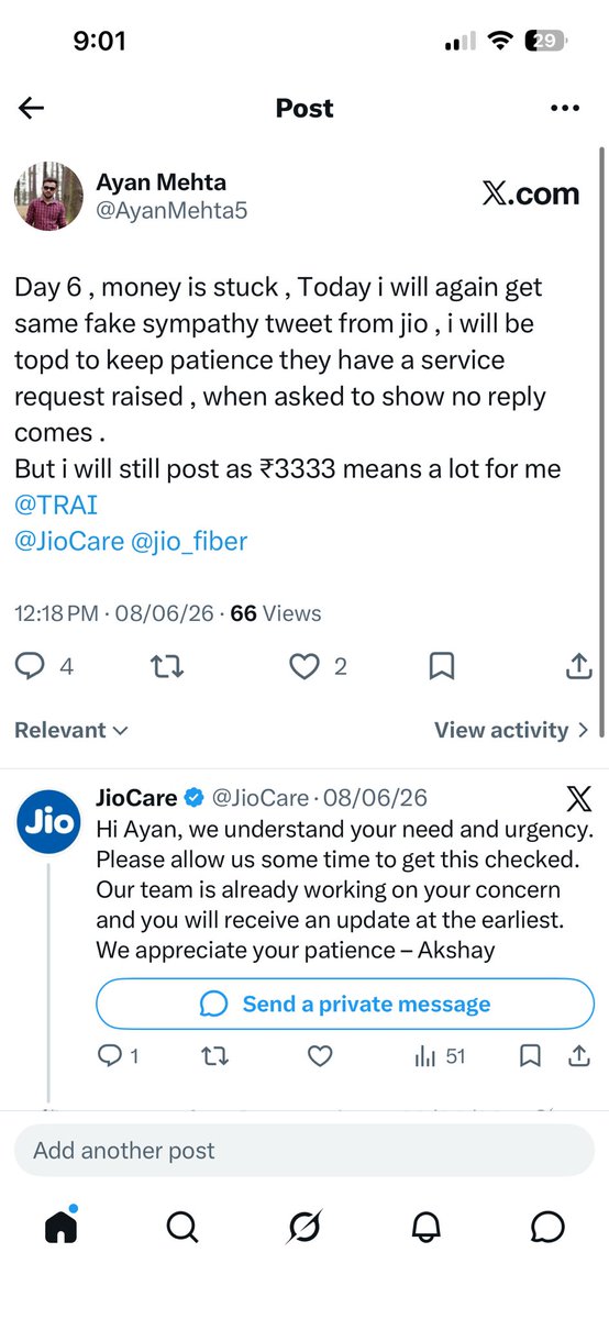 AyanMehta5's tweet photo. Fraud alert 🚨 Jio holding customer refunds. trick to inflate their upcoming IPO, Ground-level sales scams chasing targets and broken automated support . I have been tweeting since 30 days no response or action taken .@reliancejio @jagograhakjago @SEBI_India https://t.co/HfO9DRYqin