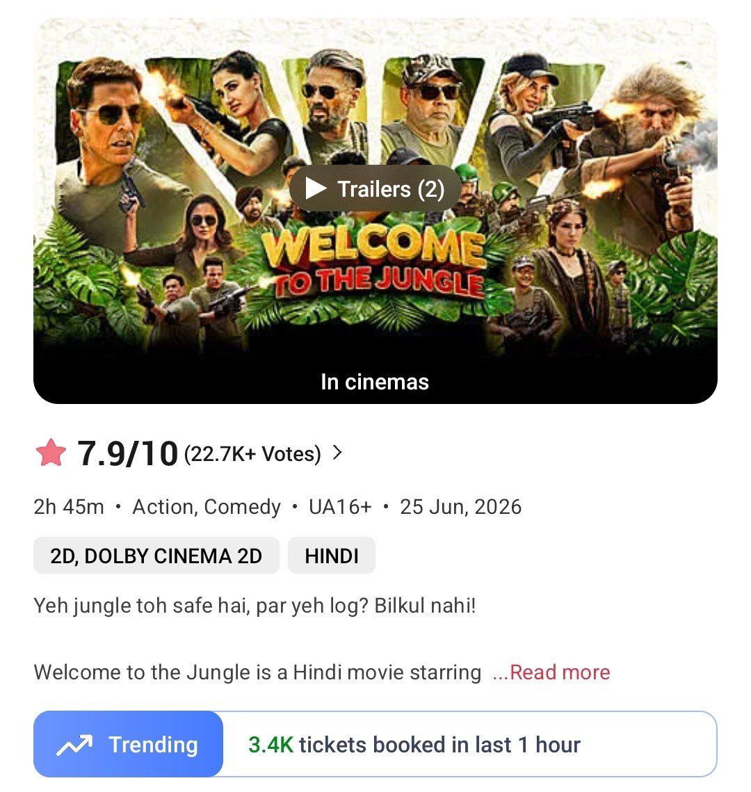 filmy_view's tweet photo. #WelcomeToTheJungle   
8-9am 
Tickets sold on BMS- 3400
Yesterday- 2370

Total from 7am- 4900
Yest- 3380 https://t.co/EQ37ZhNFAl
