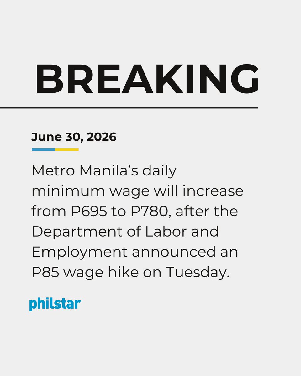 PhilstarNews's tweet photo. WAGE INCREASE IN METRO MANILA

BREAKING: Metro Manila’s daily minimum wage will increase from P695 to P780, after the Department of Labor and Employment announced an P85 wage hike on Tuesday.

DOLE said on Facebook that the increase will benefit more than 1.1 million minimum wage workers in the National Capital Region.