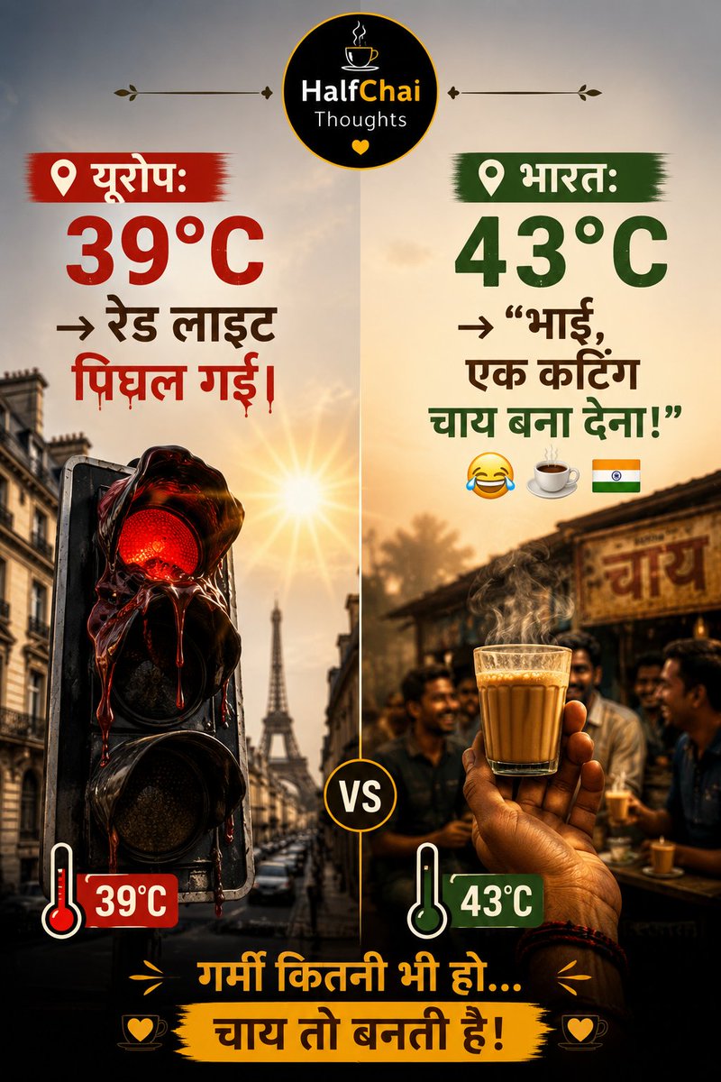 HalfChaiThought's tweet photo. यूरोप गर्मी से परेशान...
भारत में चर्चा सिर्फ़ एक ही—
"चाय अदरक वाली बनाऊँ या इलायची वाली?" 😂☕

#HalfChaiThoughts #ChaiLover #IndianMemes #TeaTime #DesiHumour #Summer #Chai  #HeatWave #Funny #Viral #India https://t.co/8VJ9adiOJK
