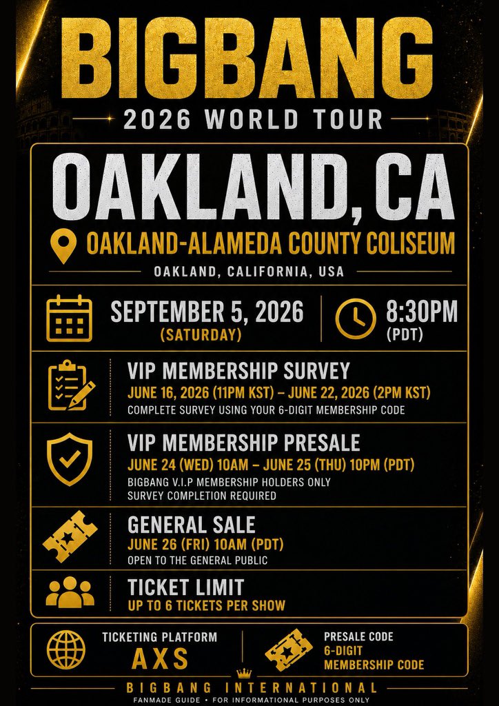 LAKIELPHAS's tweet photo. 🎟️🎟️
BIGBANG 2026 WORLD TOUR – OAKLAND, CA 🇺🇸

📅 September 5, 2026💯

 VIP 1 ( pit 1)

💌DM now to inquire 

#BIGBANG #BIGBANG2026WORLDTOUR #BIGBANGinOakland #BIGBANGISBACK #BIGBANGinOakland https://t.co/YoEubEMgsD