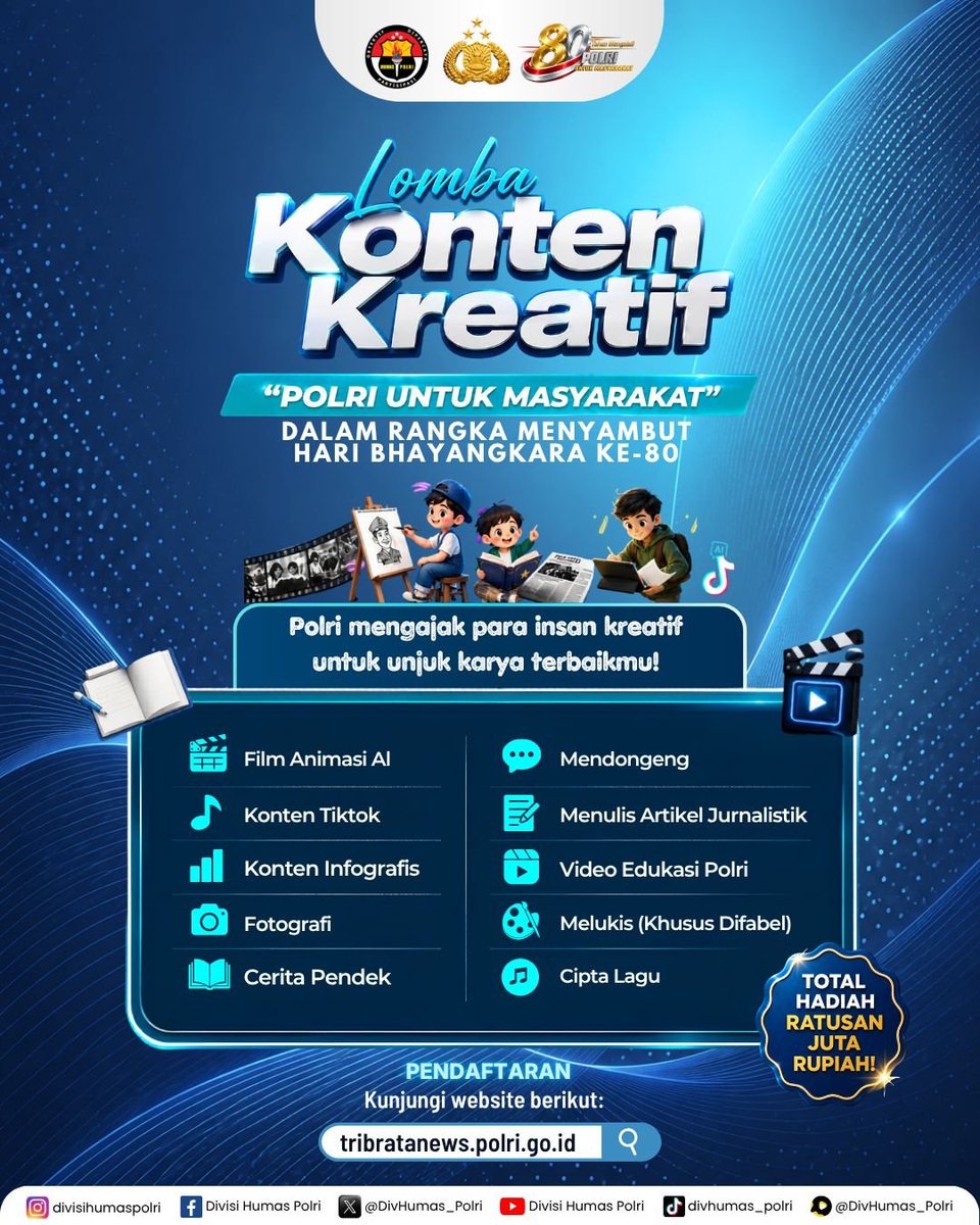Humas_ResPBG's tweet photo. Sobat Polri, mari ikut menyemarakkan Hari Bhayangkara ke-80 melalui lomba konten kreatif bertema “Polri untuk Masyarakat”. Salurkan kreativitasmu, ciptakan karya yang inspiratif, dan jadilah bagian dari upaya menghadirkan dampak positif bagi masyarakat serta kemajuan Indonesia! https://t.co/fvN7Gos7Pc