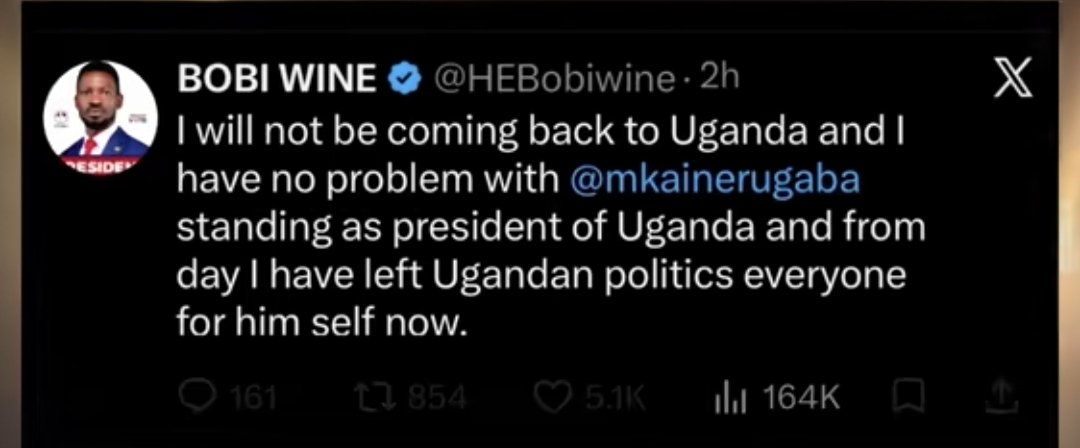 AkelloJM's tweet photo. . @HEBobiWine has said he won't come back to Uganda. Where does this leave the NUP foot soldiers now? https://t.co/hV0tnapiXn