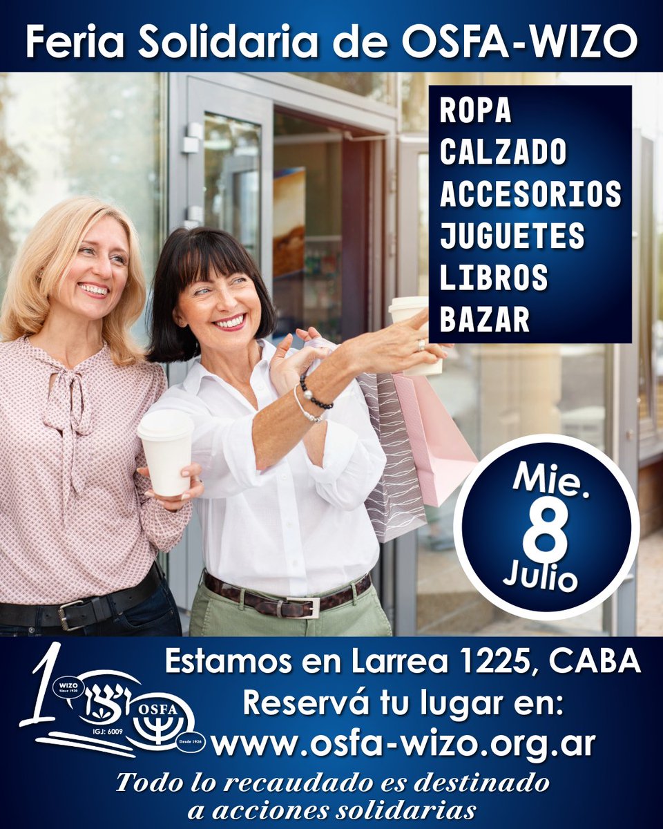 osfawizo's tweet photo. ¡Te esperamos en nuestra Feria Solidaria!
Miércoles, 8 de Julio de 13:30 a 17:30 hs.
Reserva tu lugar aquí: https://t.co/K4Y9FEF1A3
Todo lo recaudado es destinado a acciones solidarias.
Por más información comunicate por WhatsApp al: 11-3108-3125. https://t.co/IT9QSiFKA2