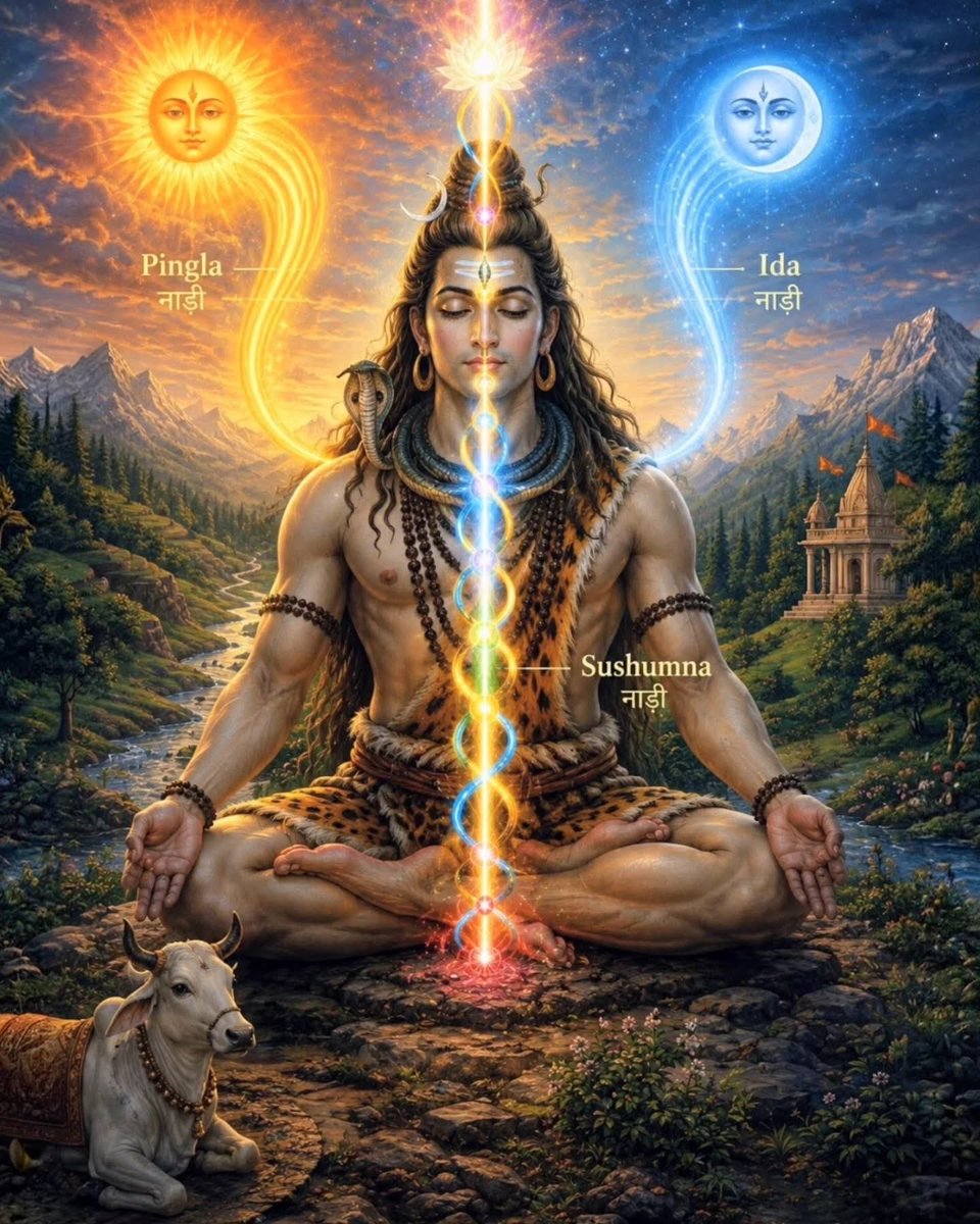 thiru7773's tweet photo. ఇడా, పింగళ నాడులు సుషుమ్నలో ఏకమైతే యోగి నిత్య జ్ఞానస్థితిలో స్థిరపడతాడు. అక్కడ పగలు–రాత్రి భేదం ఉండదు; అన్నీ ప్రకాశవంతంగా, సూక్ష్మంగా స్పష్టంగా కనిపిస్తాయి. ఈ స్థితి లేకపోతే అజ్ఞానం..అదే రాత్రి. బ్రహ్మం తప్ప మరేదానిపై మనస్సు పోతే అవ్యక్త స్థితి, నిజ జ్ఞానం కనిపించదు.🙏 https://t.co/9WbT3tx4Dt
