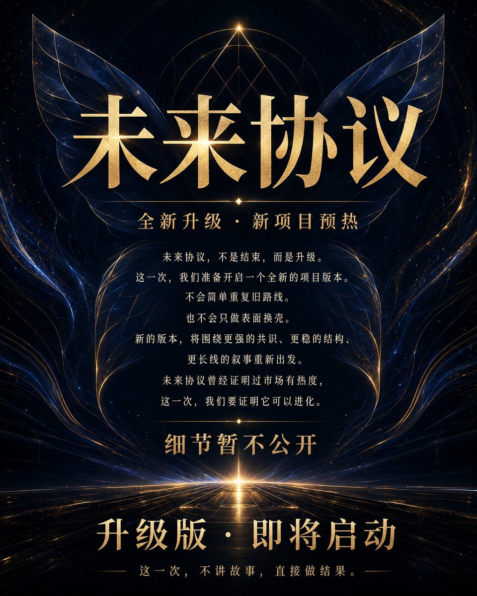 FutureProtocol1's tweet photo. 未来协议，不是结束，而是升级。

这一次，我们准备开启一个全新的项目版本。

过去的经验、市场的反馈、社区的共识，都会成为这次升级的基础。

我们不会简单重复旧路线。
也不会只做表面换壳。
新的版本，将围绕更强的共识、更稳的结构、更长线的叙事重新出发。

未来协议曾经证明过市场有热度。
这一次，我们要证明它可以进化。

新项目即将启动。
细节暂不公开。
真正的东西，不需要提前讲太多。
等机制落地，市场自然会看懂。

未来协议升级版，正在路上。