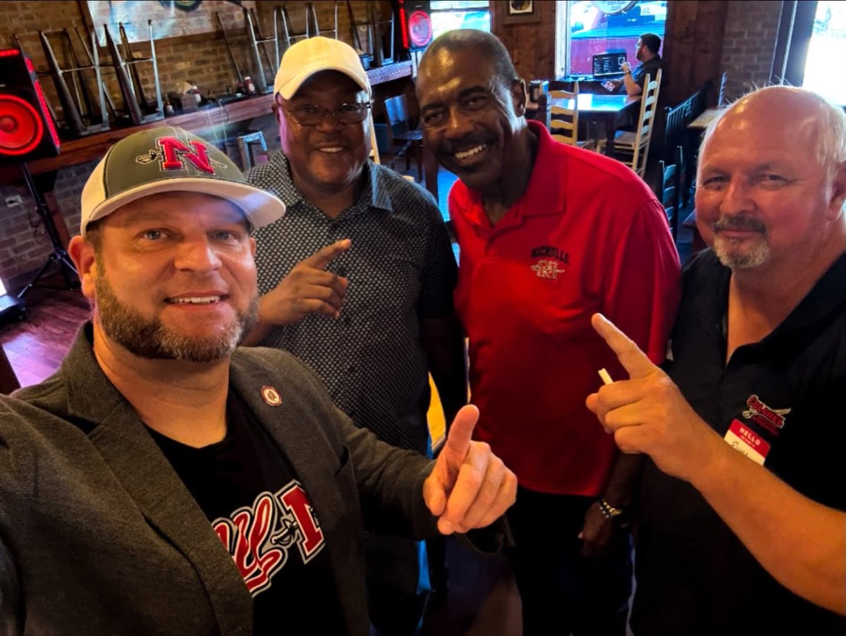 NichollsCAA's tweet photo. Houma Colonel Caravan, June 30, 2026. Shout out to Big Mike's BBQ Smokehouse- Houma, La for hosting and Advanced Office Systems for sponsoring. Another great night in Houma! #ColonelPride #AllN https://t.co/7lV6ar7sZf