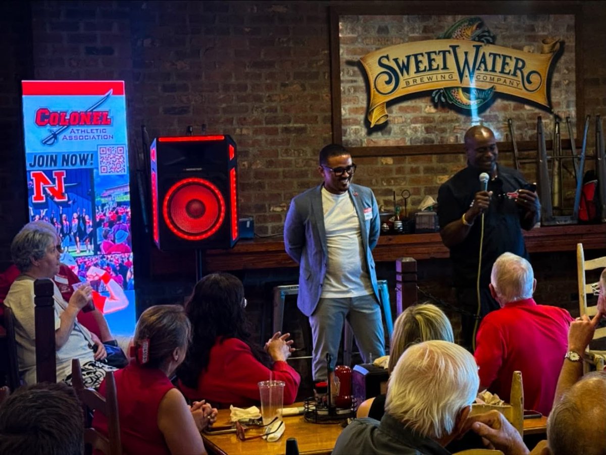 NichollsCAA's tweet photo. Houma Colonel Caravan, June 30, 2026. Shout out to Big Mike's BBQ Smokehouse- Houma, La for hosting and Advanced Office Systems for sponsoring. Another great night in Houma! #ColonelPride #AllN https://t.co/7lV6ar7sZf