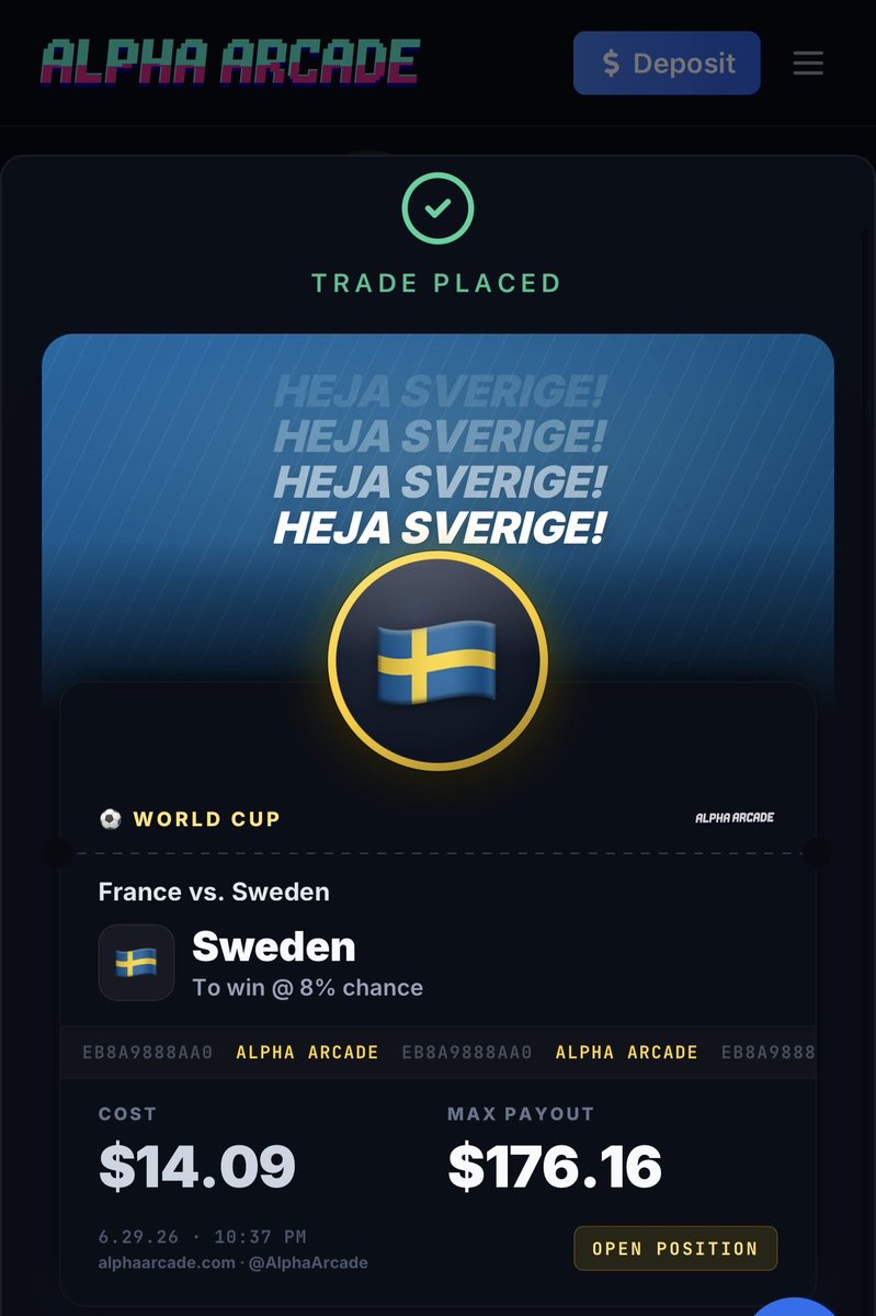 AlgoFamily's tweet photo. Sweden vs France… placed my prediction on @alphaarcade using $USDC Algorand. https://t.co/G5FIJ8XUpz
