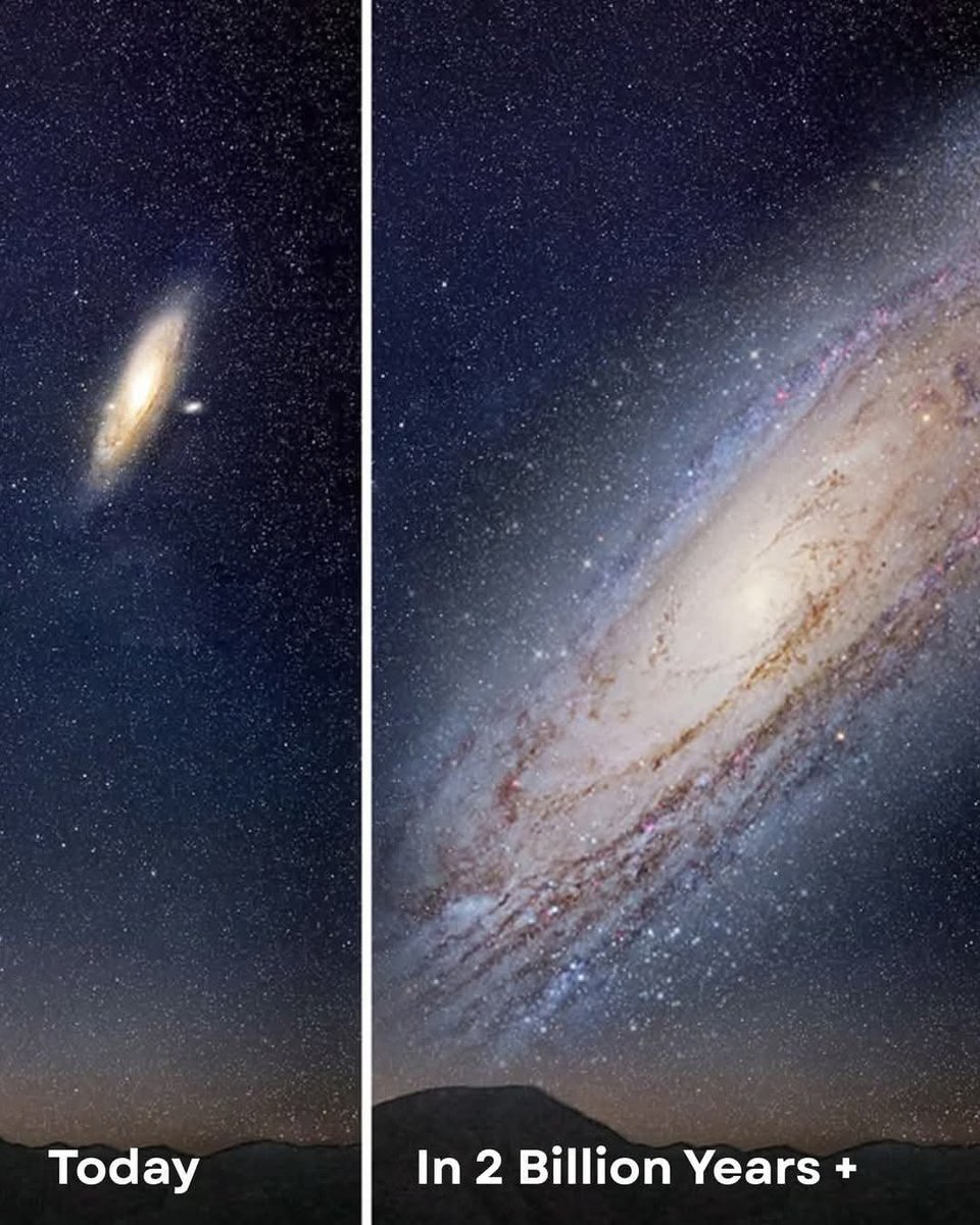 NightSkyNow's tweet photo. The Andromeda Galaxy (M31), just 2.5 million light-years away, is a massive spiral of stars, nebulae, and cosmic dust—home to a trillion stars. What we see is a snapshot from the past, a glimpse of its light from millions of years ago. 

In 2 billion years, it’ll collide with our Milky Way, sparking new stars and reshaping the cosmos. Space isn’t still—it’s alive, evolving, and we’re part of its story.