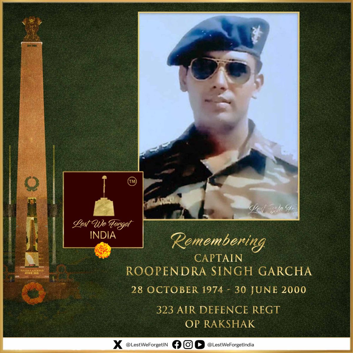 LestWeForgetIN's tweet photo. Long gone, never forgotten.

#LestWeForgetIndia 🇮🇳

#OnThisDay 30 June in 2000, Captain Roopendra Singh Garcha of 323 AIR DEFENCE REGIMENT laid down his life in the line of duty while fighting terrorists during a counter-insurgency operation in Jammu & Kashmir #OpRakshak.

TWENTY-SIX years on today, we remember Capt Garcha - his valour, service, and supreme sacrifice. 🏵️

#IndianBraves 
@DSGarcha