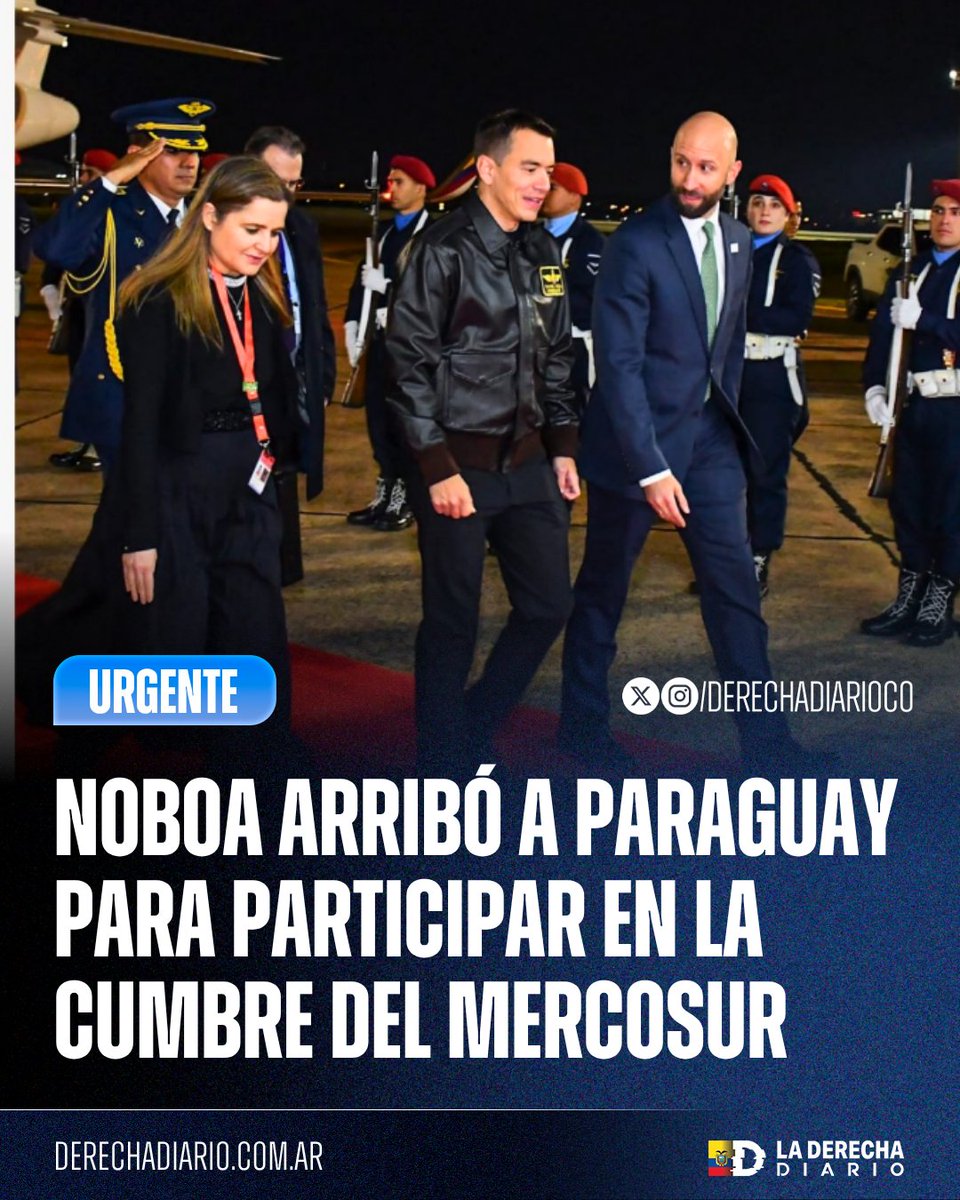 DerechaDiarioEC's tweet photo. 🚨🇪🇨🇵🇾🇦🇷🇧🇷🇺🇾🇧🇴🇨🇱 | El presidente Daniel Noboa arribó a Asunción, Paraguay, para participar en la Cumbre del Mercosur, donde se reunirá con los mandatarios Javier Milei, Santiago Peña, Lula da Silva, Yamandú Orsi, Rodrigo Paz Pereira y José Antonio Kast en una agenda centrada en integración, comercio y seguridad regional.