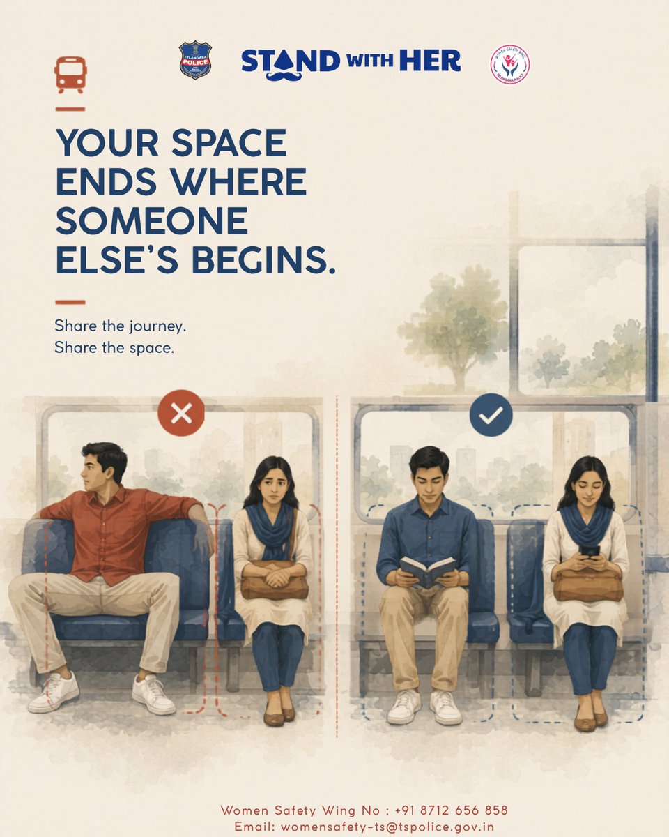 tg_womensafety's tweet photo. Your space ends where someone else's begins. Respect personal space. Share the journey. Share the space. Together, let's make public transport safer and more comfortable for everyone.
#StandWithHer #WomenSafety #RespectBoundaries
@TelanganaCOPs @CharuSinha_IPS
@hydcitypolice https://t.co/q7tCqomxQJ