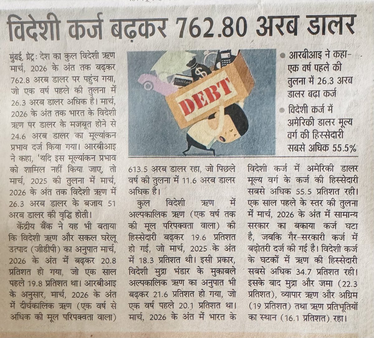 nagar_pulkit's tweet photo. ये ख़बर पढ़िए ...
विदेशी कर्ज लगातार बढ़ रहा है। अगर अर्थव्यवस्था इतनी मजबूत है, तो विदेशी उधारी पर निर्भरता क्यों बढ़ रही है? 

#News #New #BJP #AAP #Congress https://t.co/fQOE1ofpLQ