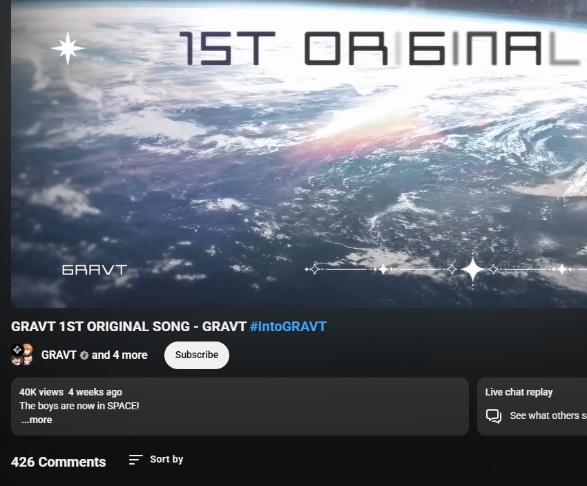 gravtch's tweet photo. 4 boys
4 weeks ago

... 40K views on our 1st original song [GRAVT]!

Thank you so much for all your support, INVNT 🌌

Please also look forward to our 2nd original song, dropping next month. https://t.co/jmgNppTN5v