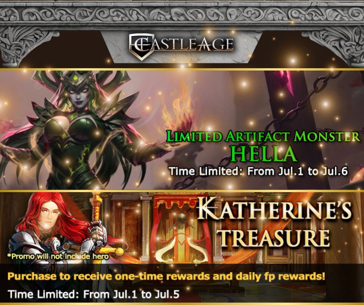 CastleAgeGame's tweet photo. 𝗔𝗿𝘁𝗶𝗳𝗮𝗰𝘁 𝗕𝗼𝘀𝘀
𝘓𝘪𝘮𝘪𝘵𝘦𝘥 𝘛𝘪𝘮𝘦: July. 01 to July. 06 PDT

𝗞𝗔𝗧𝗛𝗘𝗥𝗜𝗡𝗘'𝗦 𝗧𝗥𝗘𝗔𝗦𝗨𝗥𝗘
𝘓𝘪𝘮𝘪𝘵𝘦𝘥 𝘛𝘪𝘮𝘦: July. 01 to July. 05 PDT

𝗚𝗼𝗹𝗱𝗲𝗻 𝗣𝗶𝗴𝗴𝘆 𝗕𝗮𝗻𝗸
𝘓𝘪𝘮𝘪𝘵𝘦𝘥 𝘛𝘪𝘮𝘦: July. 03 to July. 06 PDT

#CastleAge https://t.co/WGaaOJxXUR