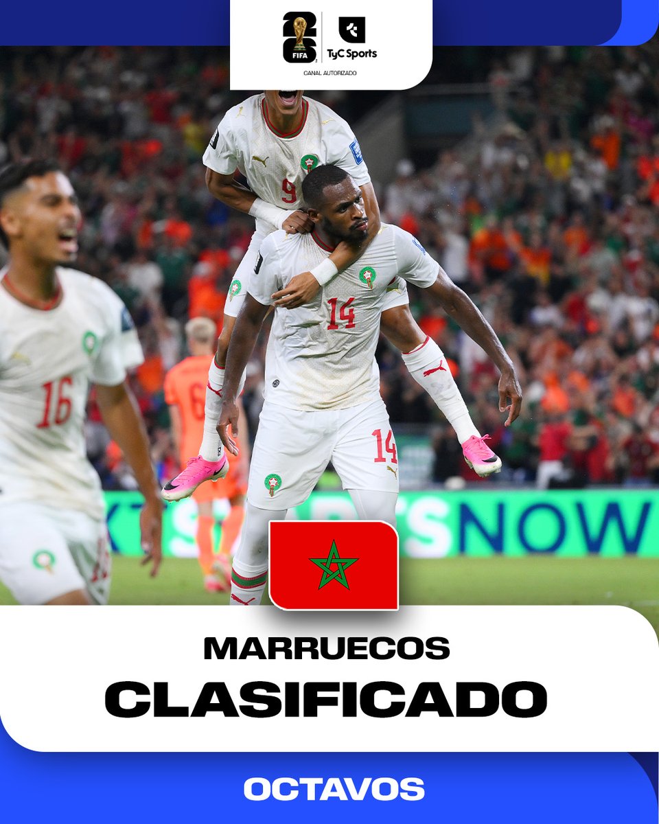TyCSports's tweet photo. 🇲🇦🏆 ¡MARRUECOS, A LOS OCTAVOS DE FINAL!

Tras la victoria en la tanda de penales por 3-2 a Países Bajos, el combinado africano se aseguró su lugar en la próxima fase del Mundial. Los dirigidos por Ouahbi se enfrentarán a Canadá. https://t.co/9PNFBcBLgH