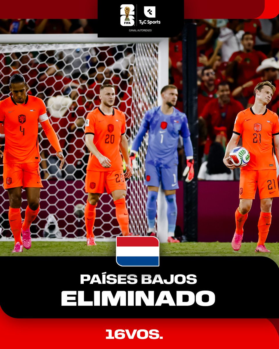 TyCSports's tweet photo. ¡PAÍSES BAJOS, ELIMINADO DEL MUNDIAL!

Tras el 1-1 en los 120', La Naranja Mecánica cayó 2-3 en los penales ante Marruecos y se despidió de la Copa del Mundo en 16vos. https://t.co/owk7UkPGNU