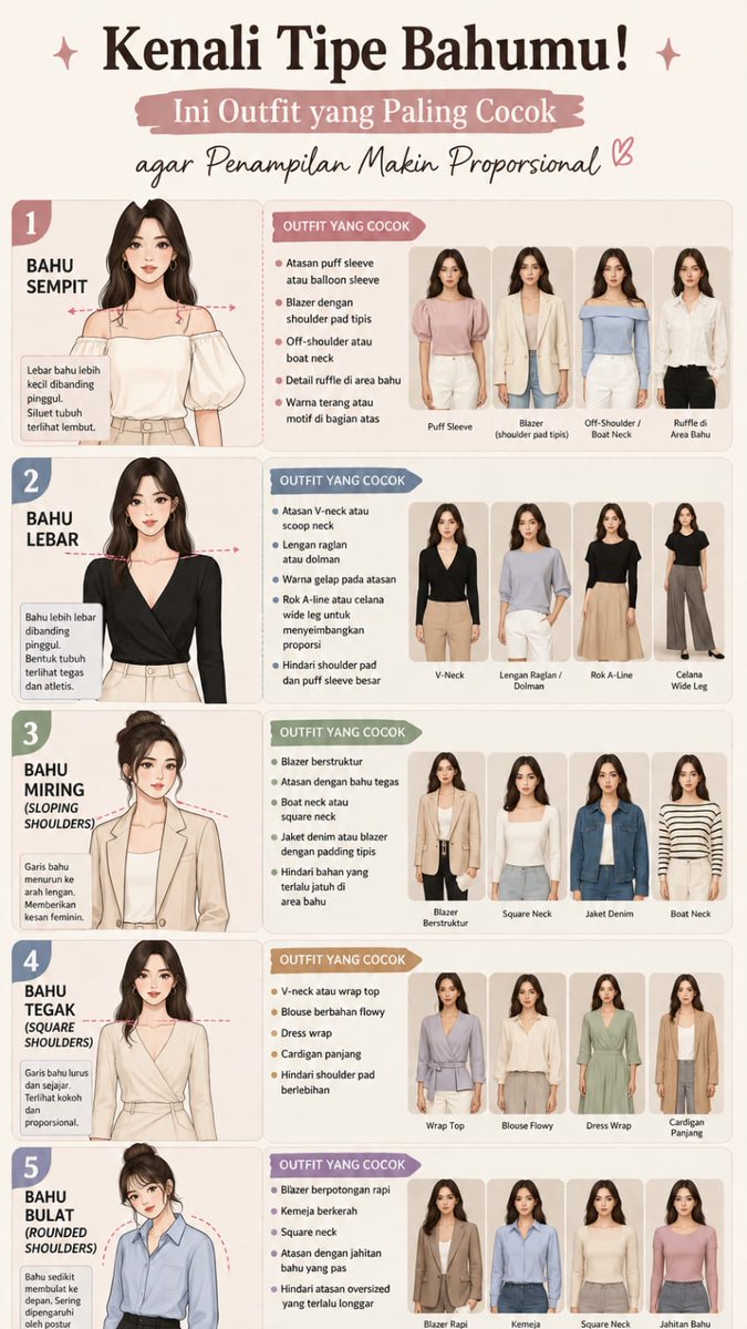Miss_daily1's tweet photo. Kenali Tipe Bahumu! Ini Outfit yang Paling Cocok agar Penampilan Makin Proporsional

1. Bahu Sempit
Ciri-ciri:
Lebar bahu lebih kecil dibanding pinggul.
Siluet tubuh terlihat lembut.
Outfit yang cocok:
Atasan puff sleeve atau balloon sleeve.
Blazer dengan shoulder pad tipis.
Off-shoulder atau boat neck.
Detail ruffle di area bahu.
Warna terang atau motif di bagian atas.

2. Bahu Lebar
Ciri-ciri:
Bahu lebih lebar dibanding pinggul.
Bentuk tubuh terlihat tegas dan atletis.
Outfit yang cocok:
Atasan V-neck atau scoop neck.
Lengan raglan atau dolman.
Warna gelap pada atasan.
Rok A-line atau celana wide leg untuk menyeimbangkan proporsi.
Hindari shoulder pad dan puff sleeve yang besar.

3. Bahu Miring (Sloping Shoulders)
Ciri-ciri:
Garis bahu menurun ke arah lengan.
Memberikan kesan feminin.
Outfit yang cocok:
Blazer berstruktur.
Atasan dengan bahu tegas.
Boat neck atau square neck.
Jaket denim atau blazer dengan padding tipis.
Hindari bahan yang terlalu jatuh di area bahu.

4. Bahu Tegak (Square Shoulders)
Ciri-ciri:
Garis bahu lurus dan sejajar.
Terlihat kokoh dan proporsional.
Outfit yang cocok:
V-neck atau wrap top.
Blouse berbahan flowy.
Dress wrap.
Cardigan panjang.
Hindari shoulder pad berlebihan.

5. Bahu Bulat (Rounded Shoulders)
Ciri-ciri:
Bahu sedikit membulat ke depan.
Sering dipengaruhi oleh postur tubuh.
Outfit yang cocok:
Blazer berpotongan rapi.
Kemeja berkerah.
Square neck.
Atasan dengan jahitan bahu yang pas.
Hindari atasan oversized yang terlalu longgar.