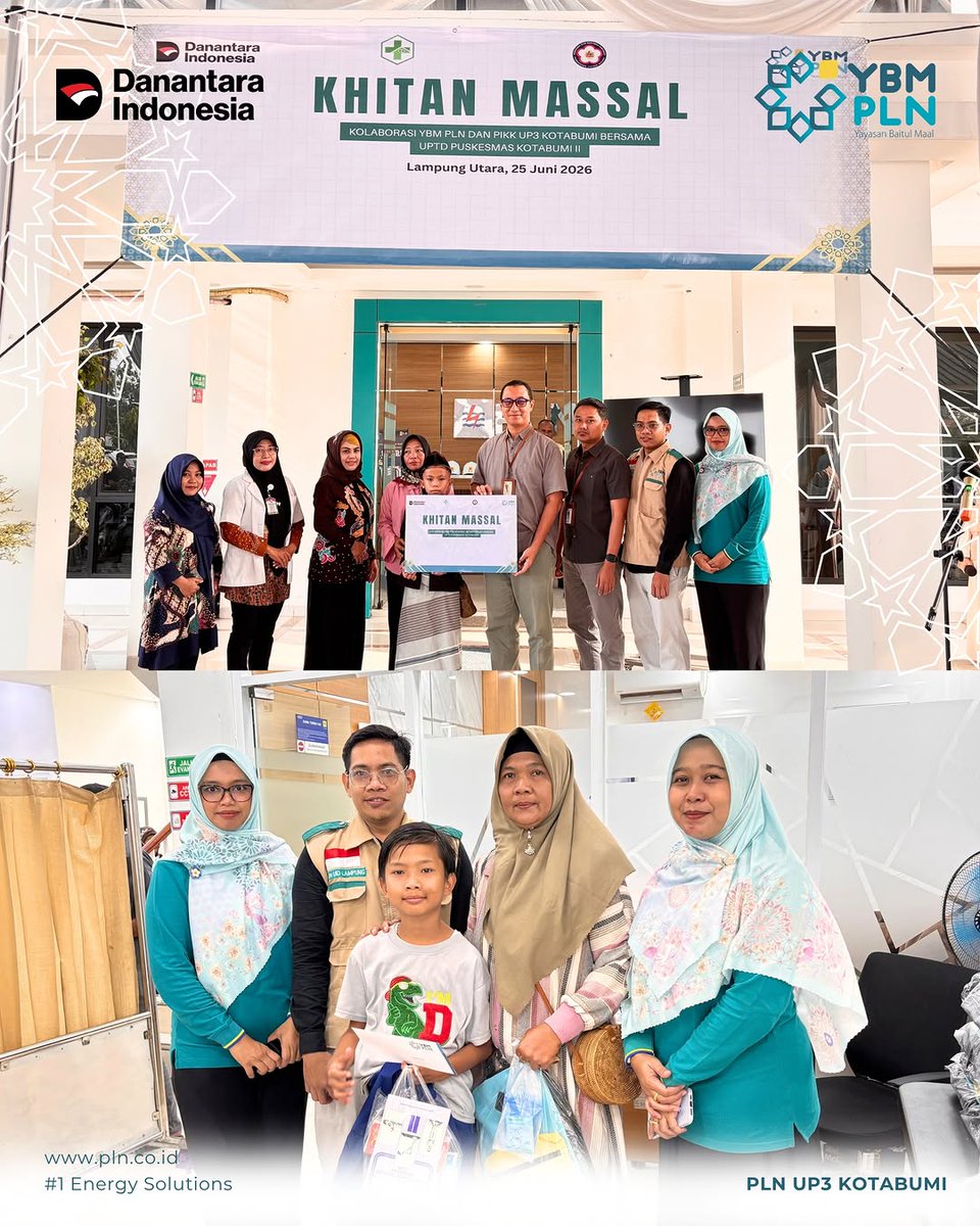 plndislampung's tweet photo. Dalam semangat berbagi dan menebarkan manfaat di bulan Muharram 1448 Hijriah, Yayasan Baitul Maal (YBM) PLN Unit Pelaksana Pelayanan Pelanggan (UP3) Kotabumi menggelar kegiatan Khitan Massal Gratis bagi 33 anak yatim dan dhuafa di Kabupaten Lampung Utara. https://t.co/Arxk2Lr5zg