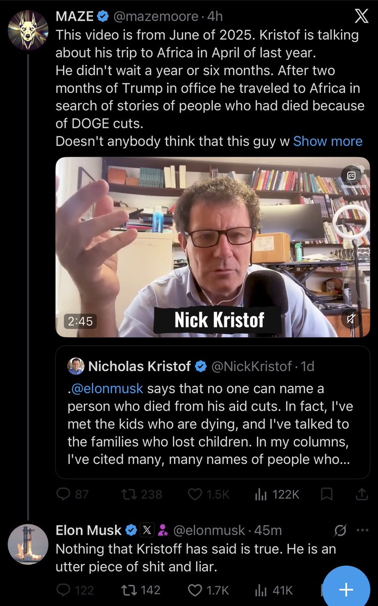 esjesjesj's tweet photo. Elon dared anyone to name someone USAID cuts killed and Nicholas Kristof, who did research on this, told Elon a lot of names and now Elon’s crashing the fuck out https://t.co/dRk27ncLHI