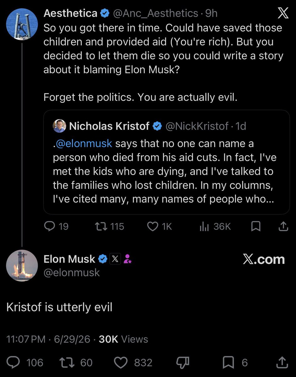 esjesjesj's tweet photo. Elon dared anyone to name someone USAID cuts killed and Nicholas Kristof, who did research on this, told Elon a lot of names and now Elon’s crashing the fuck out https://t.co/dRk27ncLHI